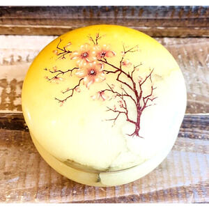 Vintage Round Alabaster Cherry Blossom Trinket Box Hinged Lid Floral 3.125" Dia